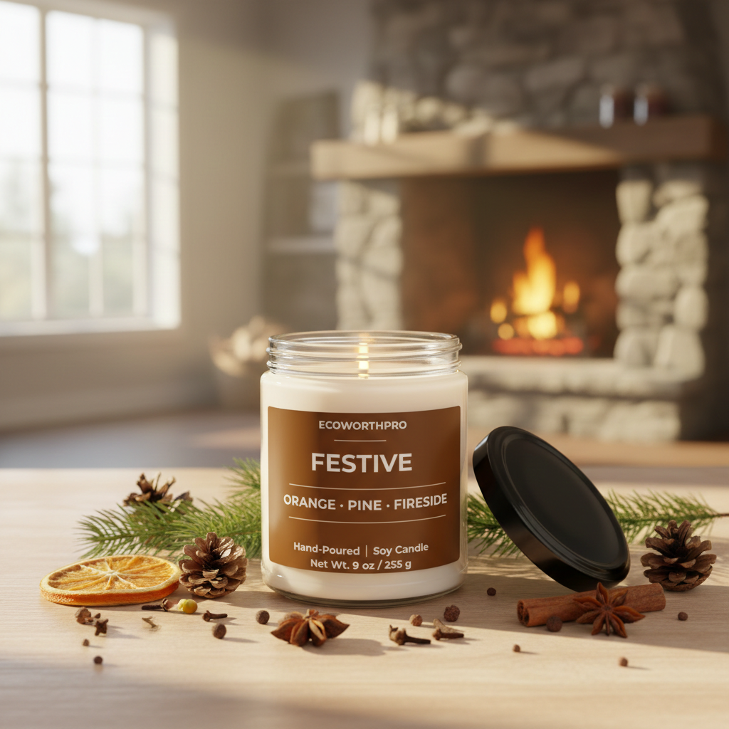 ECOWORTHPRO FESTIVE orange pine and fireside eco-friendly winter candle glowing in a cozy living room with orange spice fir needle and pinewood ingredients