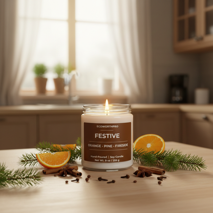ECOWORTHPRO FESTIVE orange pine and fireside hand-poured soy candle burning by the fireplace with festive woodland ingredients