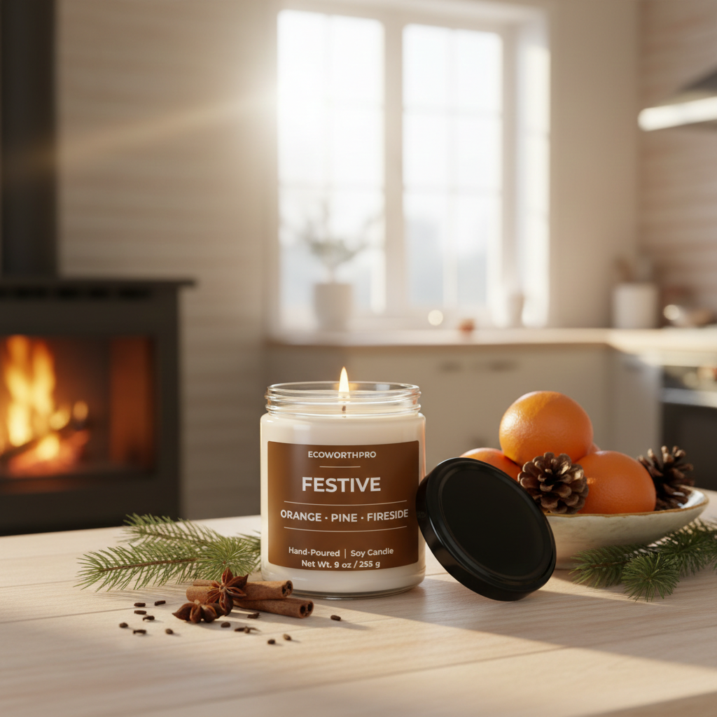 ECOWORTHPRO FESTIVE orange pine and fireside hand-poured soy candle burning by the fireplace with festive woodland ingredients
