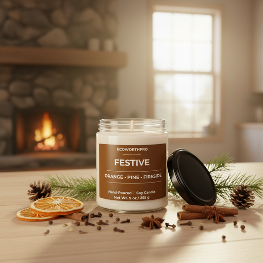 ECOWORTHPRO FESTIVE orange pine and fireside large soy christmas candle burning beside a fireplace surrounded by orange fir needle pinewood and smoky fireside ingredients.