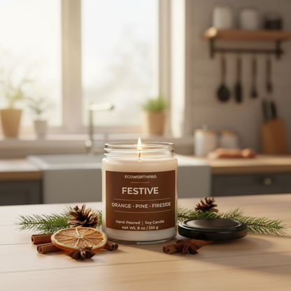 ECOWORTHPRO FESTIVE orange pine and fireside long-burning soy candle with orange fir needle pinewood and smoky fireside ingredients