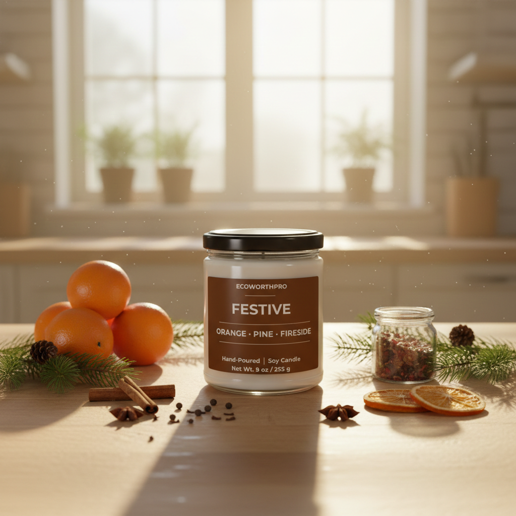 ECOWORTHPRO FESTIVE orange pine and fireside non-toxic candle displayed with orange pinewood and festive woodland ingredients