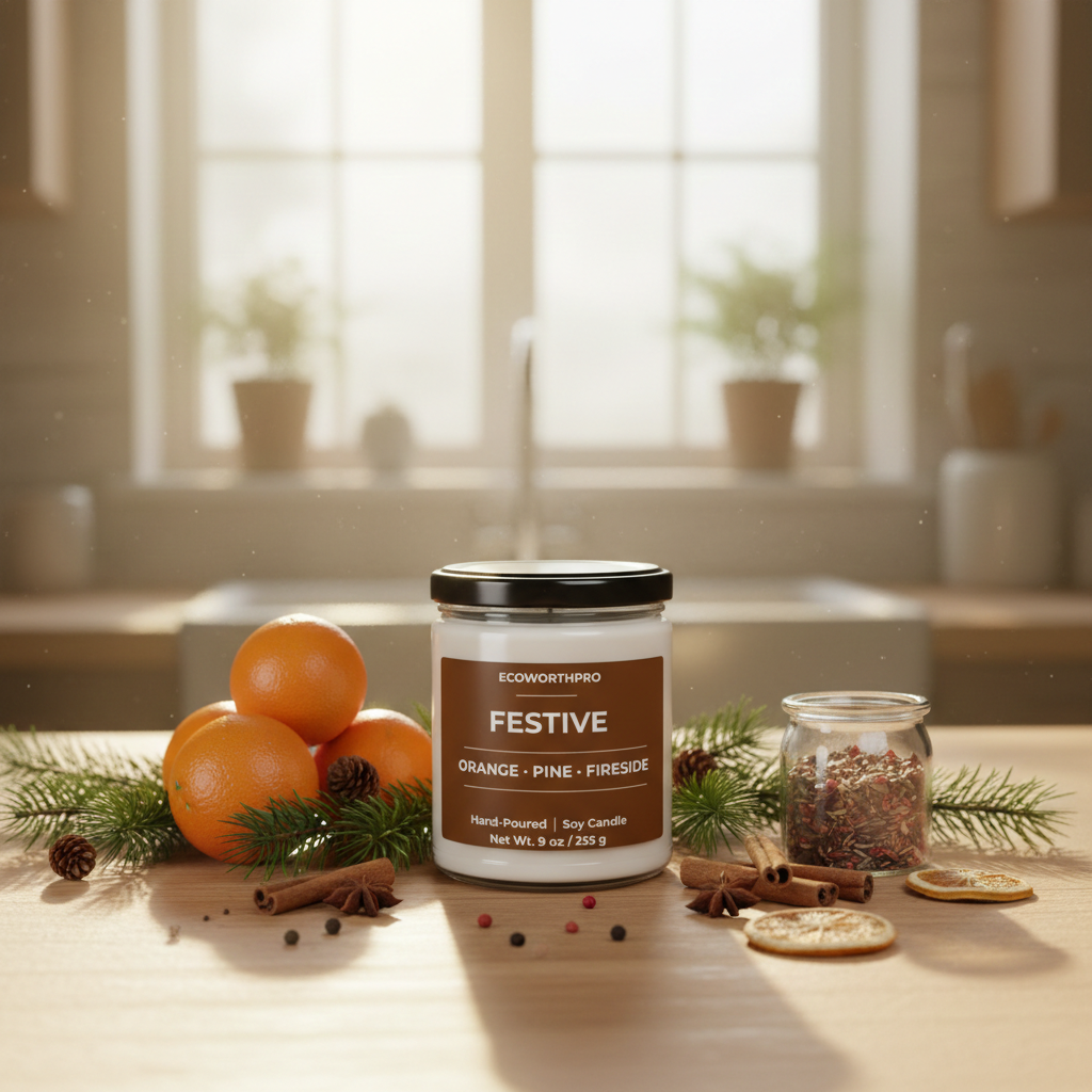 ECOWORTHPRO FESTIVE orange pine and fireside non-toxic candle displayed with orange pinewood and festive woodland ingredients