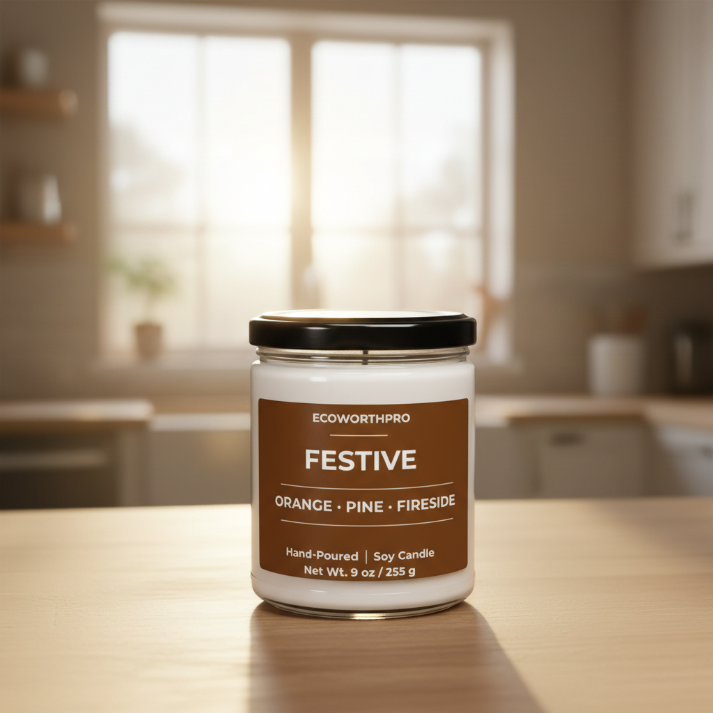 ECOWORTHPRO FESTIVE orange pine and fireside scented soy candle displayed on a kitchen worktop
