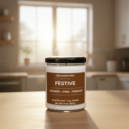 ECOWORTHPRO FESTIVE orange pine and fireside scented soy candle displayed on a kitchen worktop