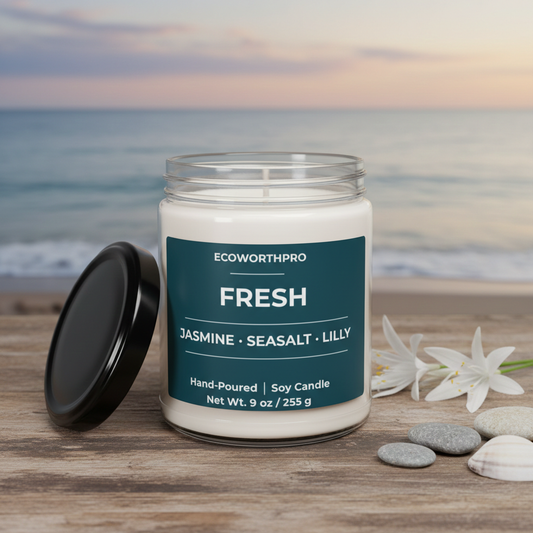 ECOWORTHPRO FRESH jasmine sea salt scented candle open and unlit on the seashore facing a calm blue sea, luxury soy wax coastal candle with refreshing ocean fragrance