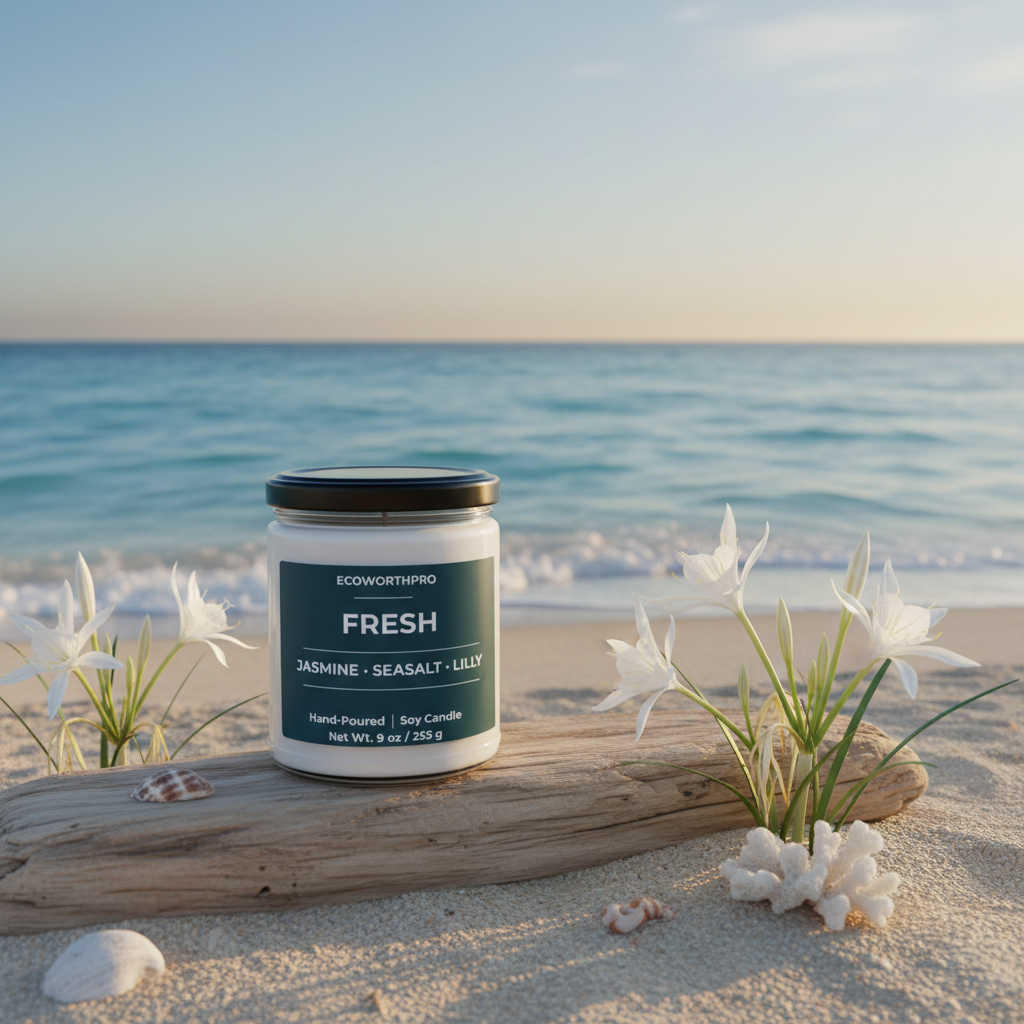 ECOWORTHPRO FRESH lily scented candle open and unlit on a wooden plank surrounded by fresh lilies at the seashore, elegant floral soy wax candle with coastal fragrance