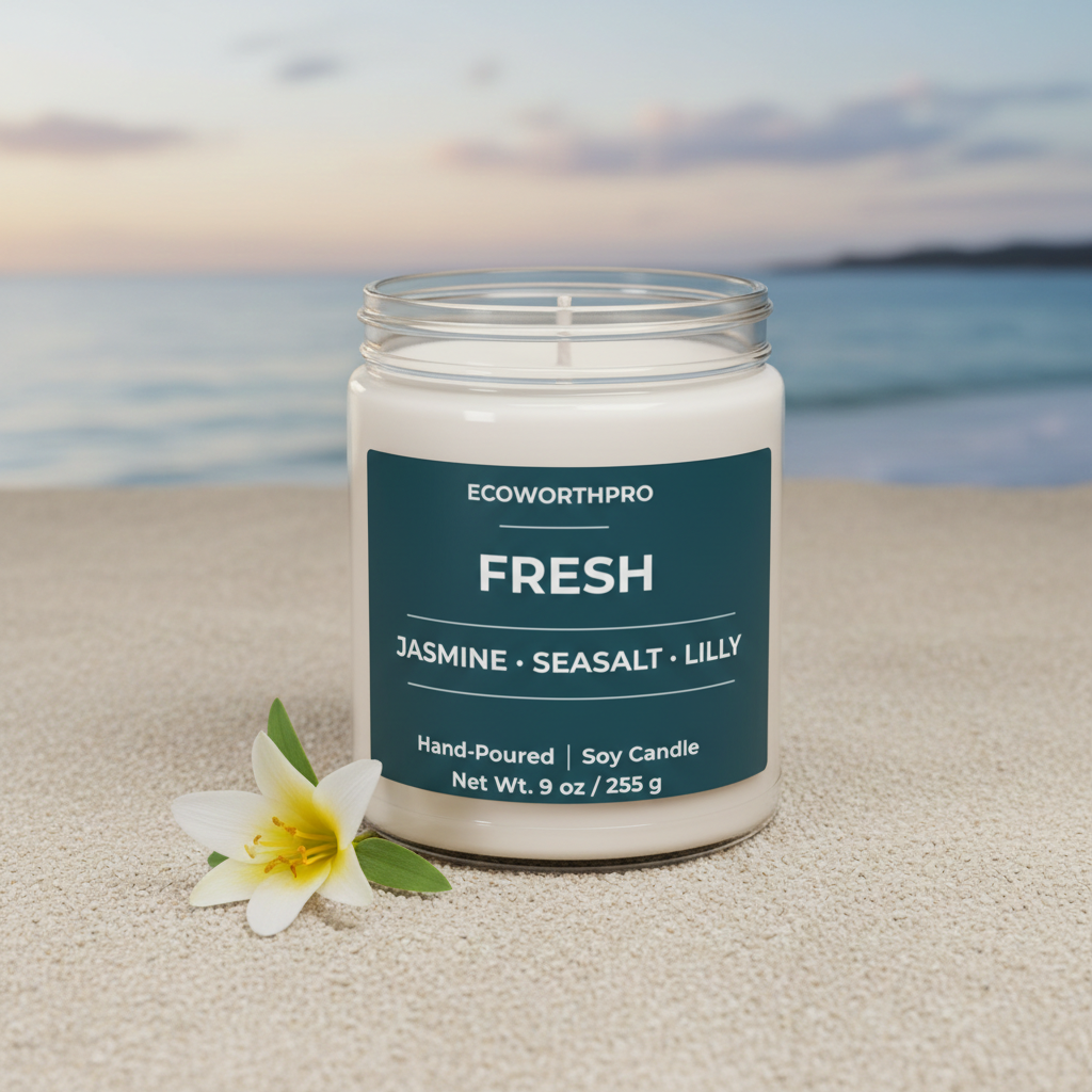 ECOWORTHPRO FRESH ozone and jasmine scented candle open and unlit surrounded by blooming lilies at the seashore, refreshing ocean-inspired soy wax candle