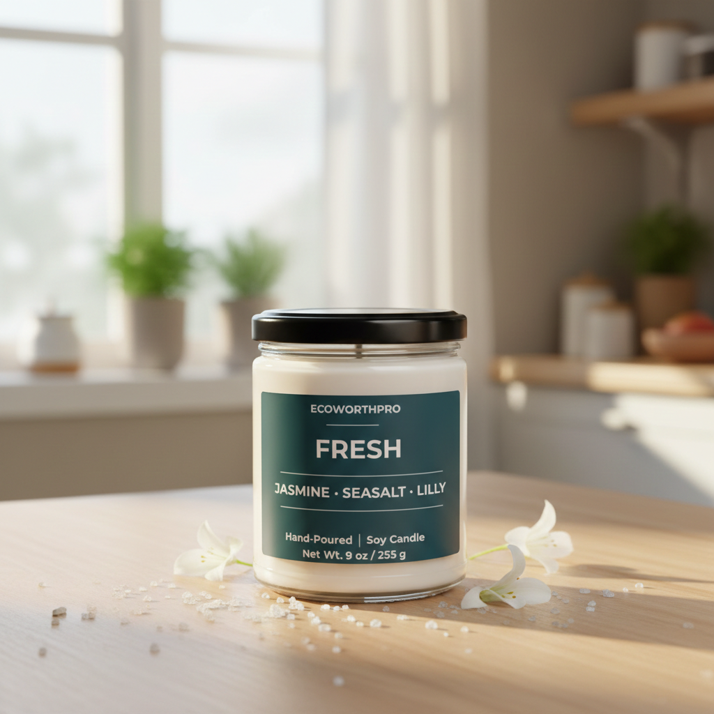 ECOWORTHPRO FRESH sea salt and lily candle closed on a kitchen worktop surrounded by sea salt and lilies, clean-burning luxury soy wax home fragrance candle