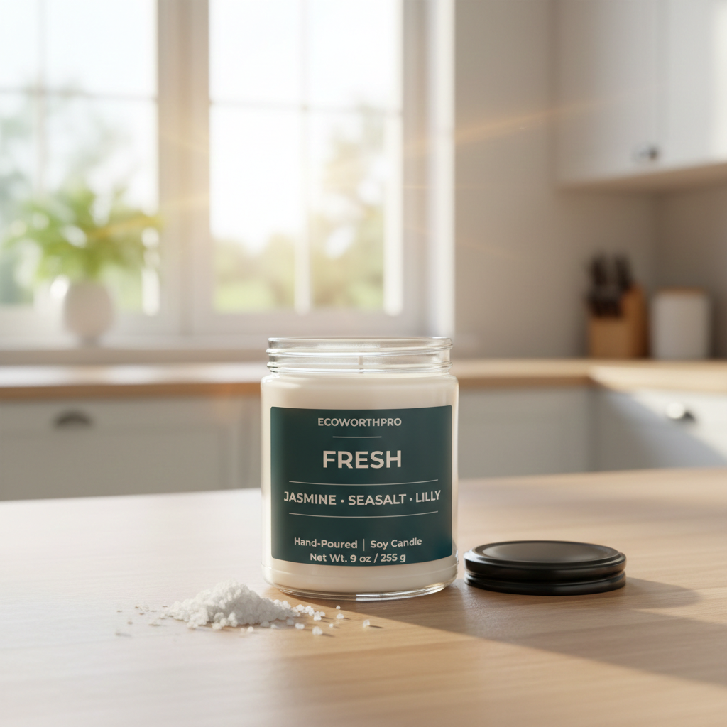 ECOWORTHPRO FRESH sea salt and ozone candle open and unlit on a kitchen worktop surrounded by natural sea salt, luxury coastal scented soy wax candle