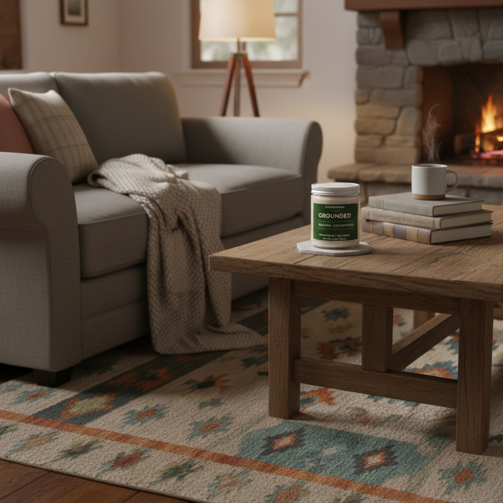 ECOWORTHPRO GROUNDED balsam and cedarwood scented candle burning beside a fireplace in a cozy living room