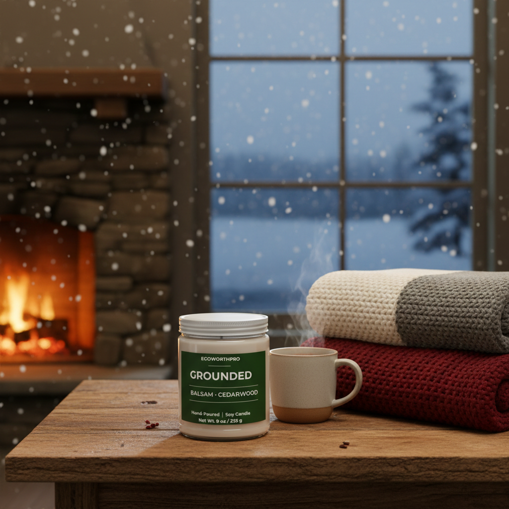 ECOWORTHPRO GROUNDED balsam and cedarwood eco-friendly candle creating a warm woodland atmosphere with snowy views