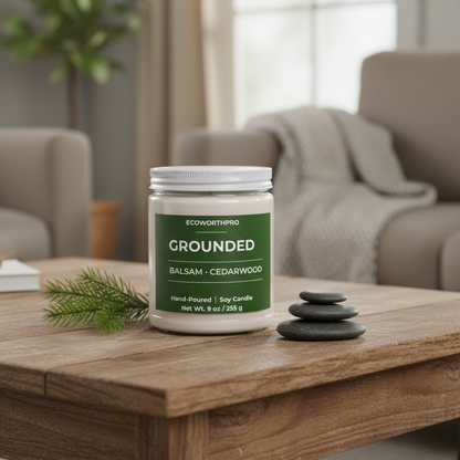 ECOWORTHPRO GROUNDED balsam and cedarwood hand-poured soy candle burning in a cozy living room