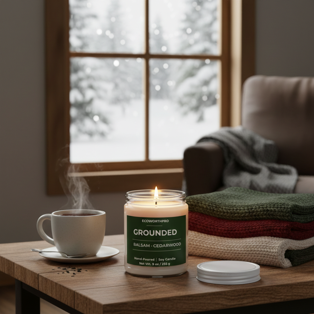 ECOWORTHPRO GROUNDED balsam and cedarwood scented large soy candle in a cozy living room with snow falling outside