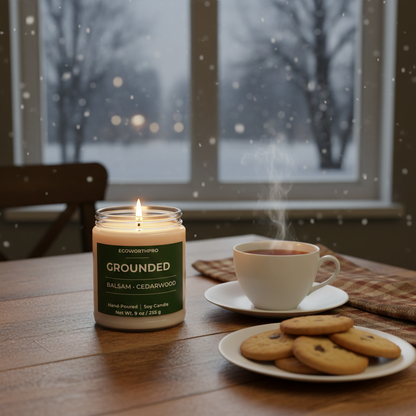 ECOWORTHPRO GROUNDED balsam and cedarwood natural soy wax candle in a cozy winter living room