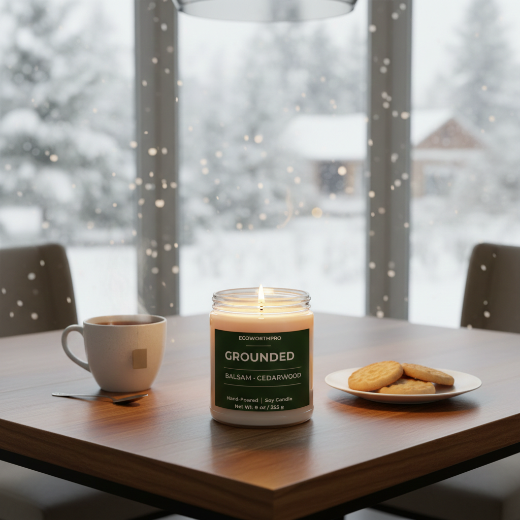 ECOWORTHPRO GROUNDED balsam and cedarwood non-toxic candle bringing forest-inspired comfort to a snowy evening