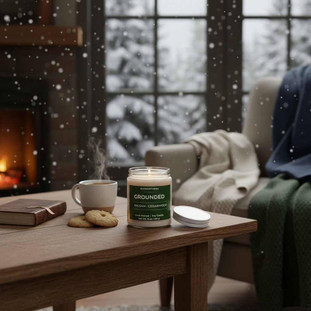 ECOWORTHPRO GROUNDED balsam and cedarwood scented candle with snow falling beyond the living room window