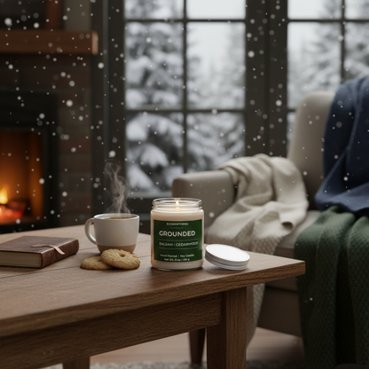 ECOWORTHPRO GROUNDED balsam and cedarwood scented candle with snow falling beyond the living room window