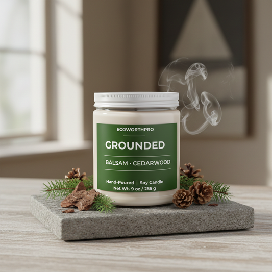 ECOWORTHPRO GROUNDED scented soy candle in reusable glass jar on a kitchen worktop