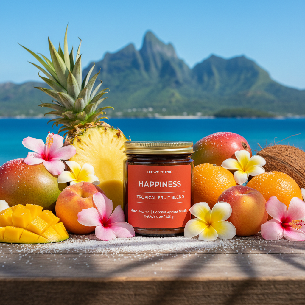 ECOWORTHPRO HAPPINESS creamy coconut and sugar crystals coconut apricot wax candle surrounded by tropical fruits overlooking the sea