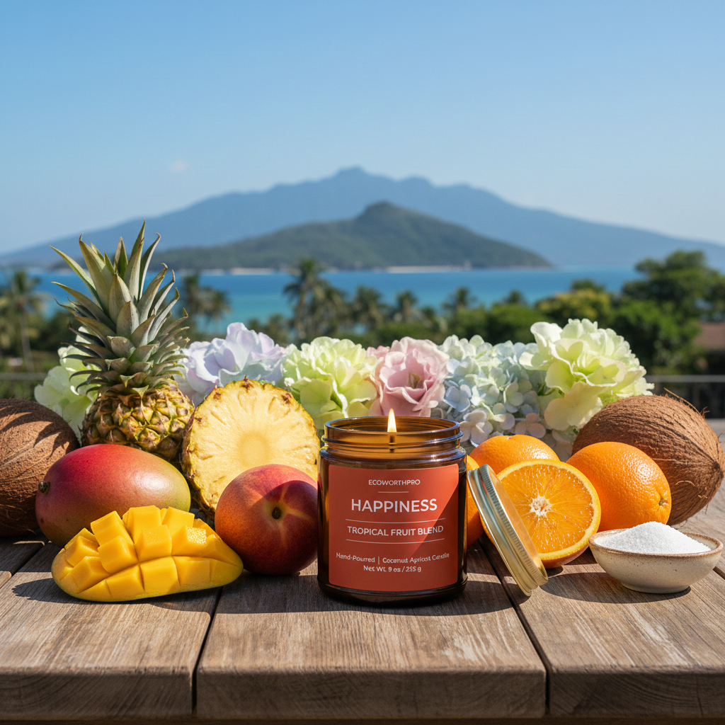ECOWORTHPRO HAPPINESS orange zest and mango hand-poured tropical fruit candle burning beside fresh tropical fruits on a seaside deck