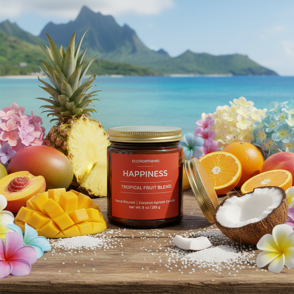 ECOWORTHPRO HAPPINESS peach and mango natural coconut apricot wax fruit candle burning surrounded by tropical fruits on a peaceful island deck