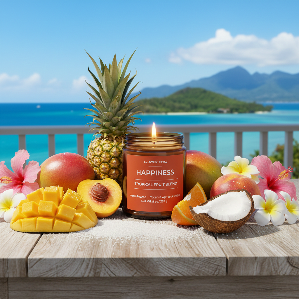 ECOWORTHPRO HAPPINESS pineapple and creamy coconut long-burning fruit scented candle burning with tropical fruits overlooking a tranquil island sea