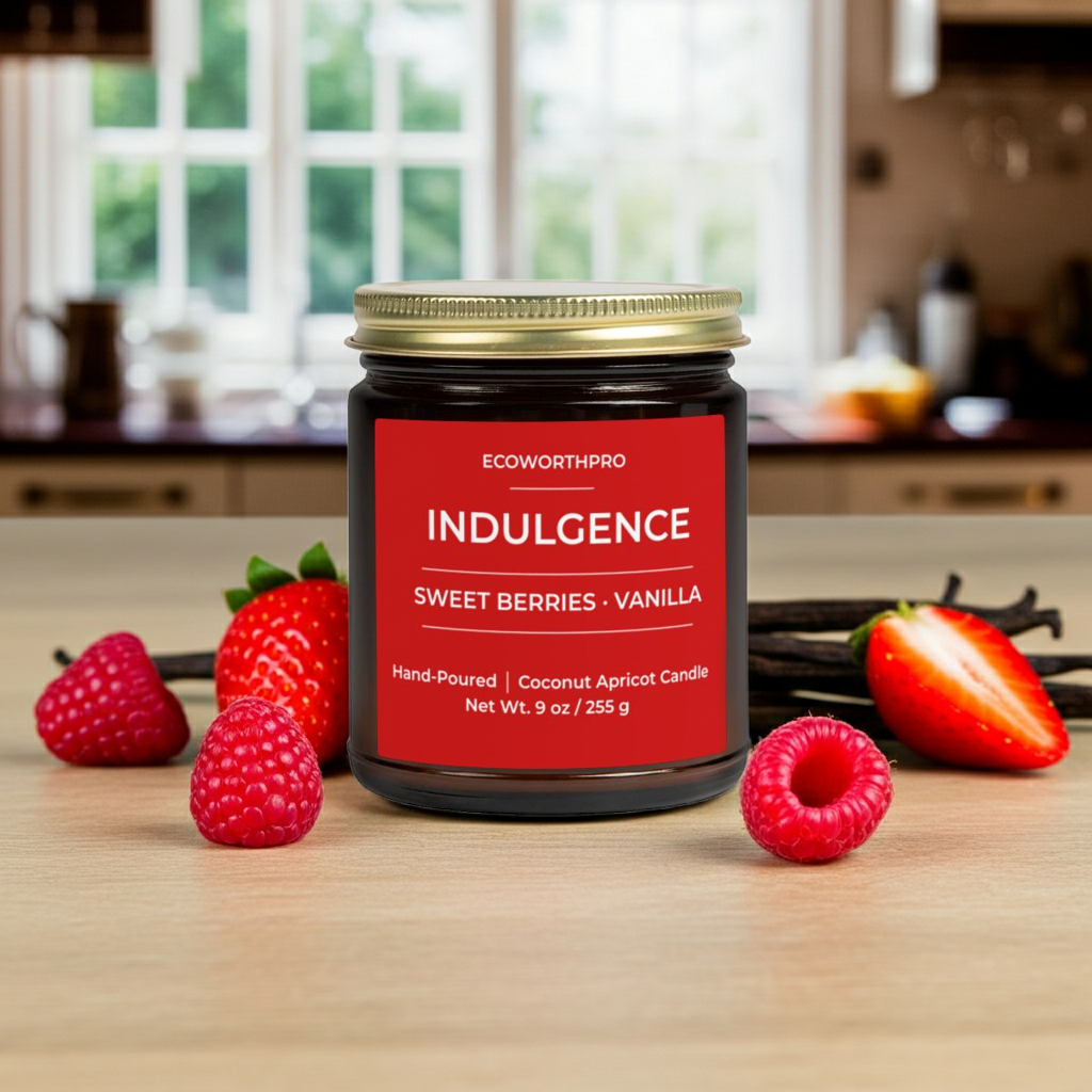 ECOWORTHPRO INDULGENCE black cherry and plum eco-friendly fruit candle inspired by juicy berry fragrance with strawberries and vanilla pods