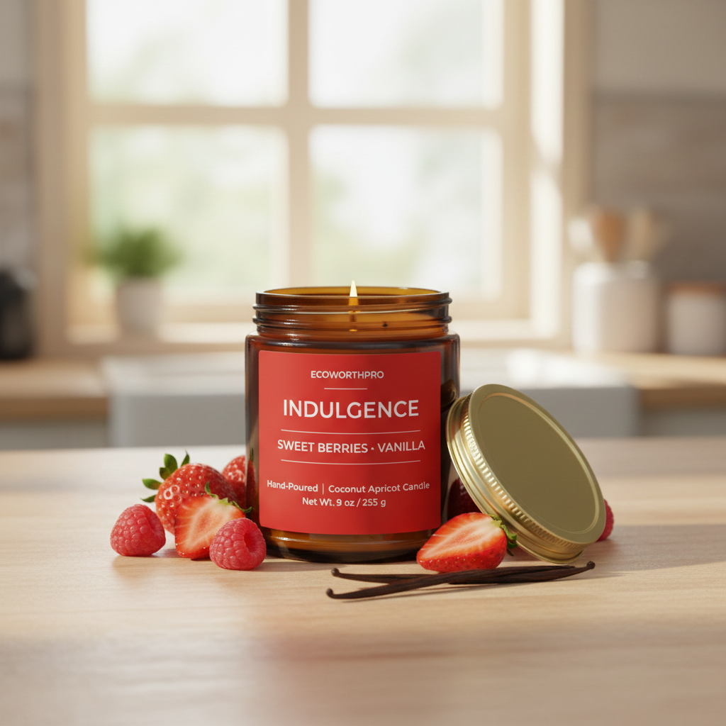 ECOWORTHPRO INDULGENCE black cherry and raspberry natural coconut apricot wax fruit candle burning with strawberries and vanilla pods