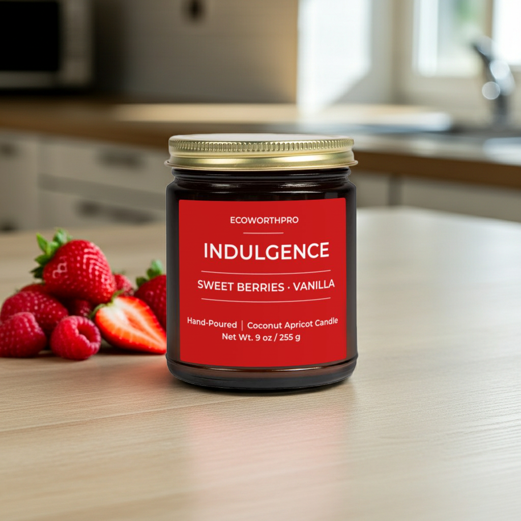 ECOWORTHPRO INDULGENCE raspberry and strawberry hand-poured coconut apricot wax fruit candle surrounded by strawberries and vanilla pods