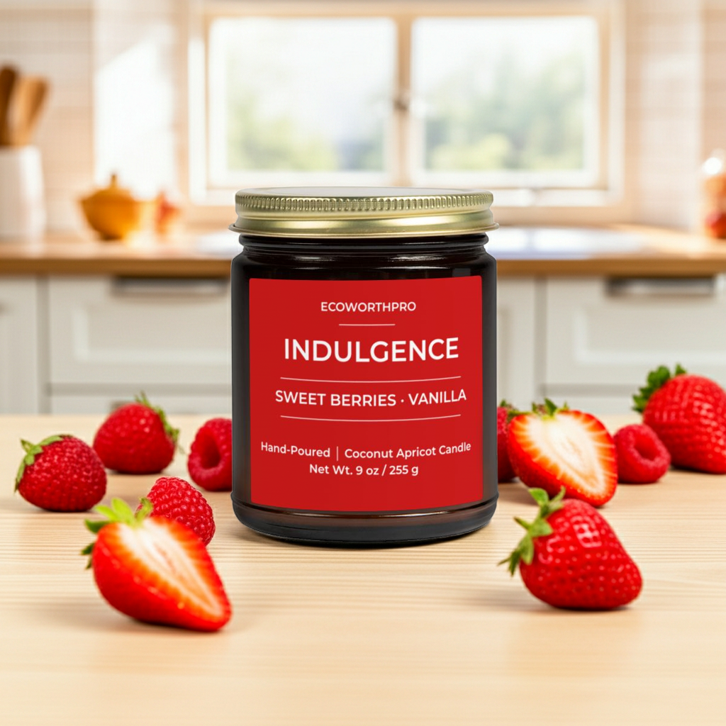 ECOWORTHPRO INDULGENCE strawberry and vanilla fruit scented soy candle with fresh strawberries and vanilla pods on kitchen worktop
