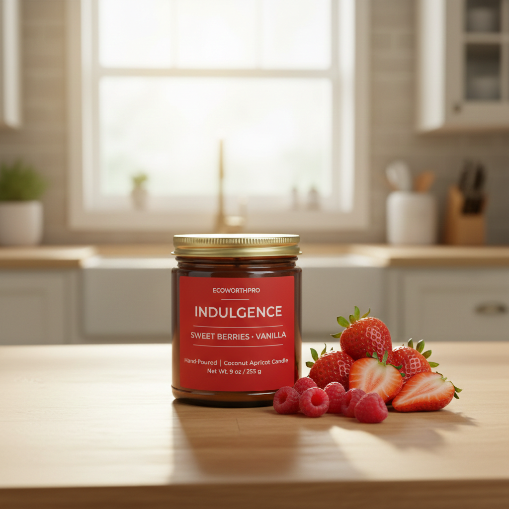 ECOWORTHPRO INDULGENCE vanilla and musk long-burning fruit candle in reusable glass jar with strawberries and raspberries