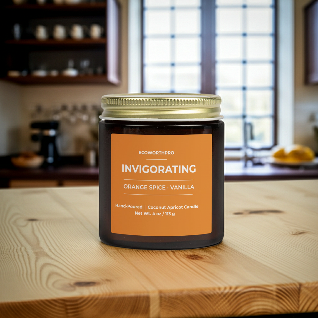 ECOWORTHPRO INVIGORATING orange spice and vanilla autumn candle with spiced chai cinnamon clove and vanilla ingredients