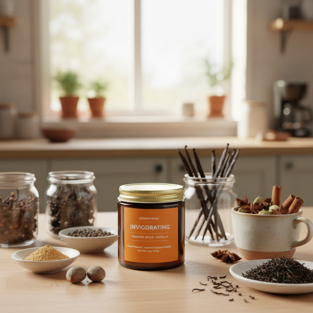 ECOWORTHPRO INVIGORATING orange spice and vanilla mini candle surrounded by orange cinnamon nutmeg clove black tea and vanilla