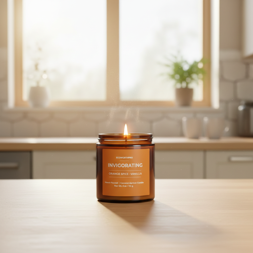 ECOWORTHPRO INVIGORATING orange spice and vanilla coconut apricot wax candle burning on kitchen worktop