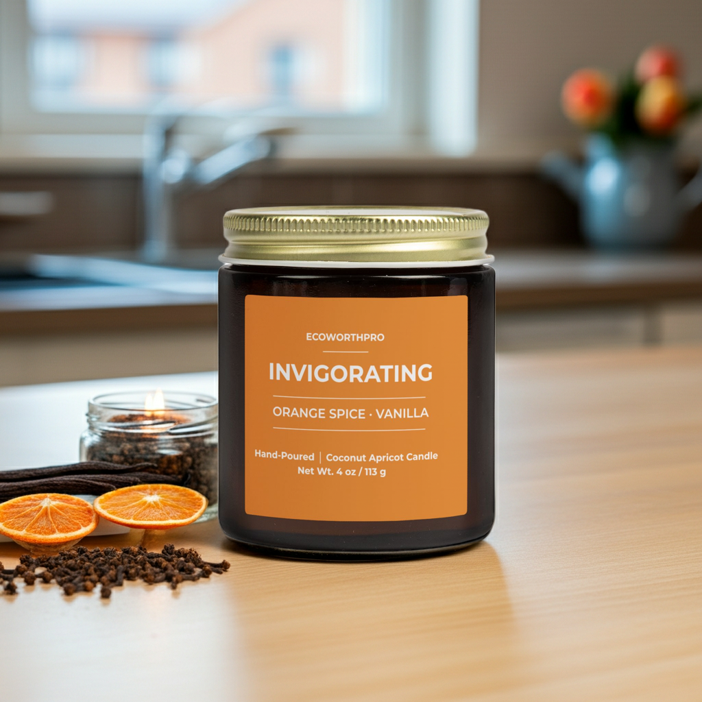 ECOWORTHPRO INVIGORATING orange spice and vanilla eco-friendly candle displayed on kitchen counter