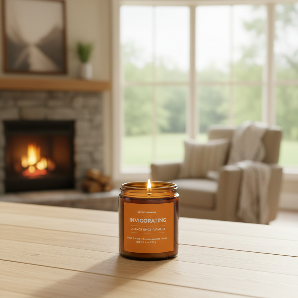 ECOWORTHPRO INVIGORATING orange spice and vanilla hand-poured candle burning beside blankets and fireplace in cozy living room