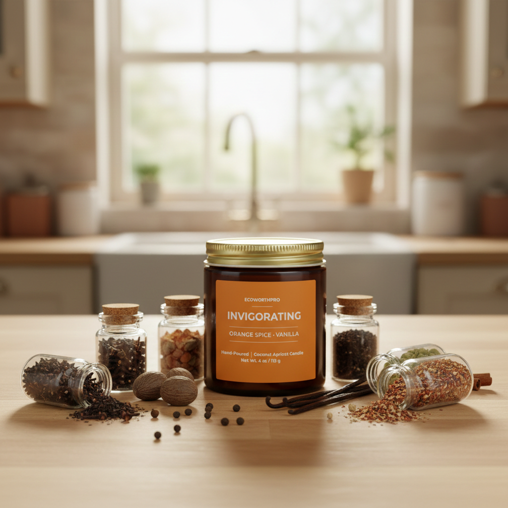 ECOWORTHPRO INVIGORATING orange spice and vanilla mini thanksgiving candle in reusable glass jar on kitchen worktop