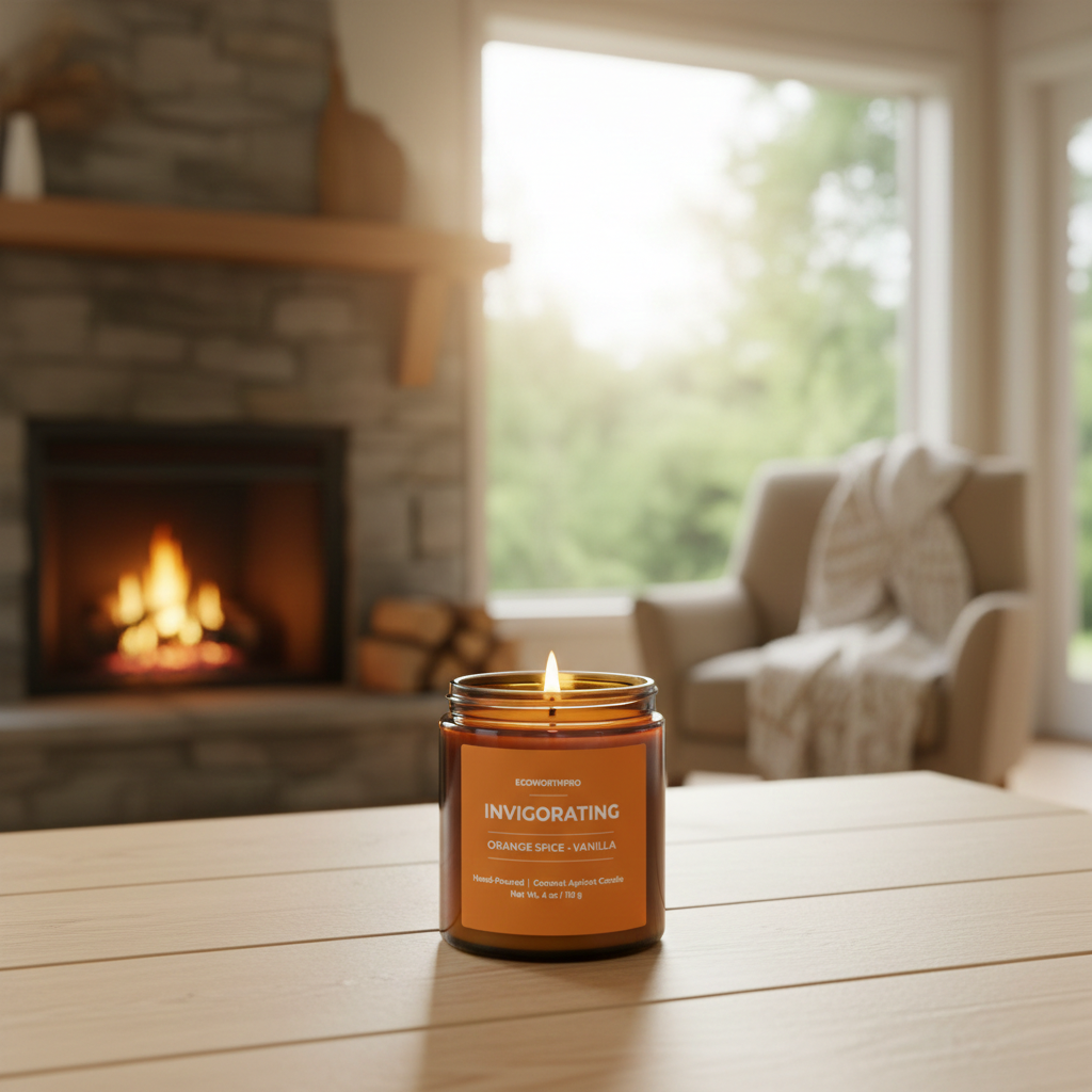 ECOWORTHPRO INVIGORATING orange spice and vanilla non-toxic candle creating a warm autumn atmosphere with blankets and fireplace
