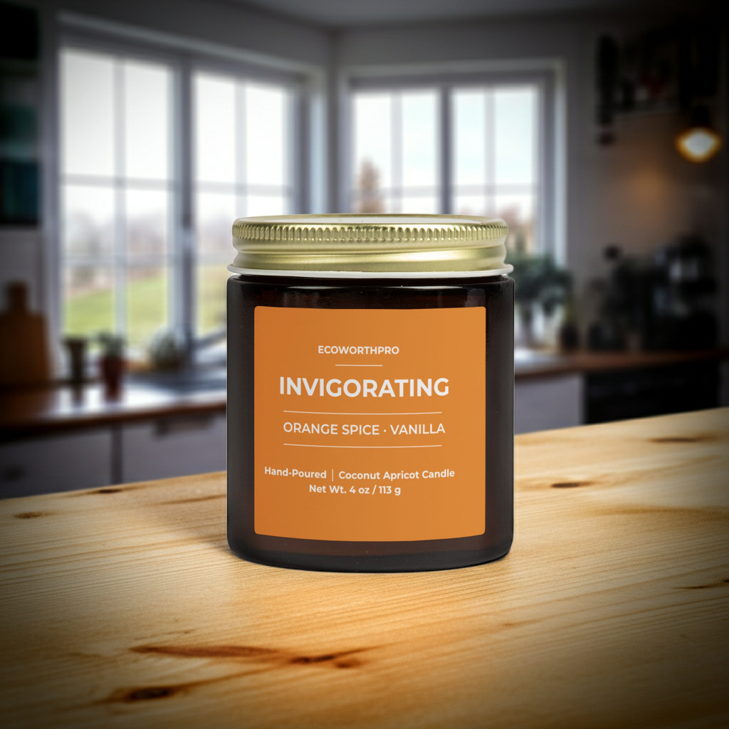 ECOWORTHPRO INVIGORATING orange spice and vanilla mini candle surrounded by orange cinnamon nutmeg clove black tea and vanilla