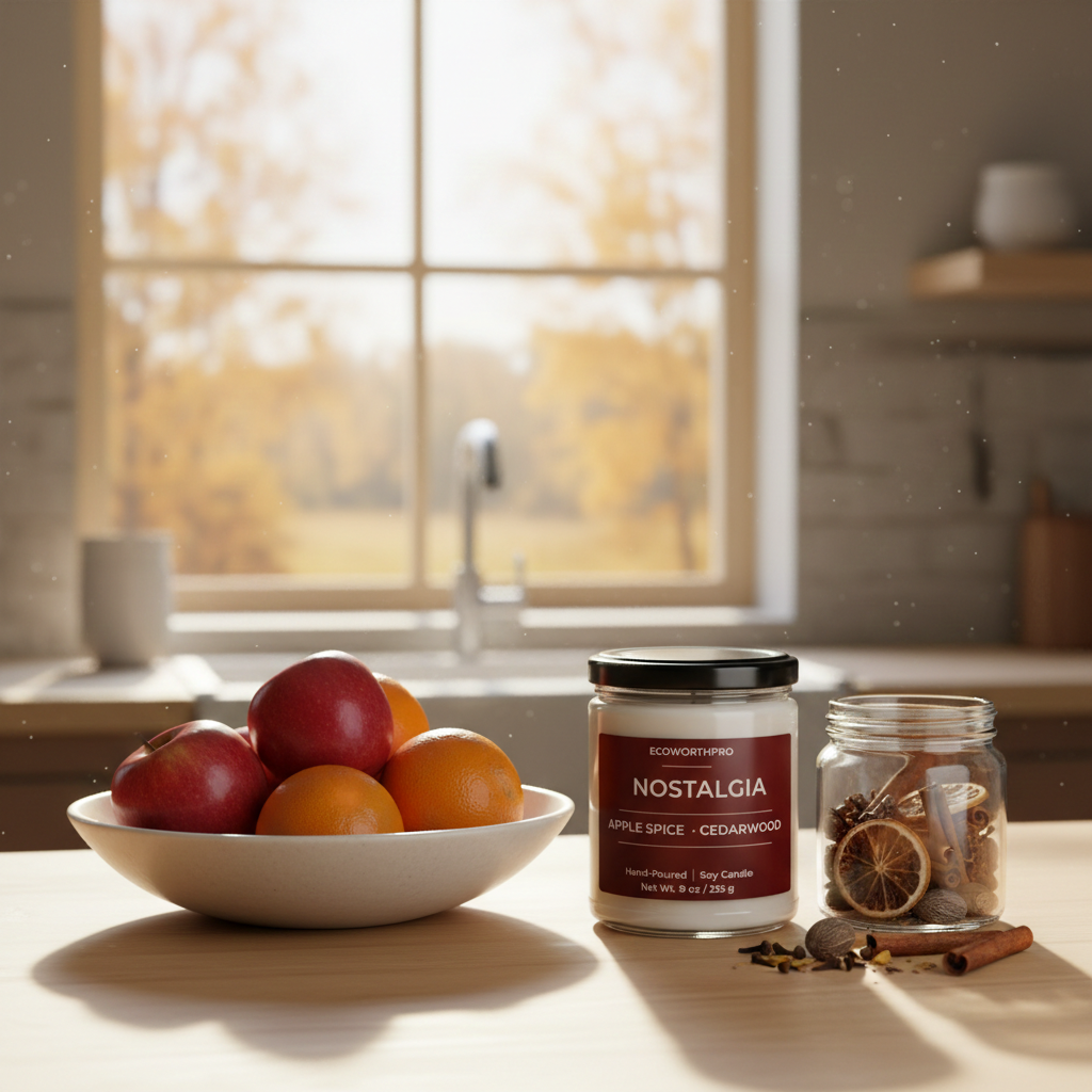 ECOWORTHPRO NOSTALGIA apple spice and cedarwood eco-friendly candle surrounded by apples oranges cloves and cinnamon sticks