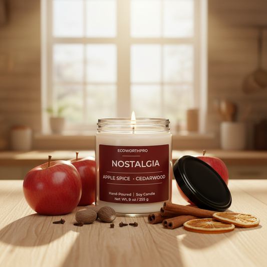 ECOWORTHPRO NOSTALGIA apple spice and cedarwood hand-poured soy autumn candle burning beside red apples oranges and cinnamon sticks