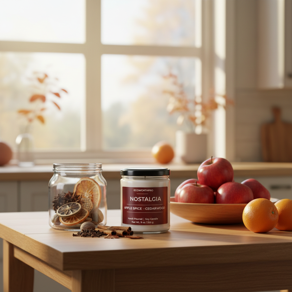 ECOWORTHPRO NOSTALGIA apple spice and cedarwood large soy candle with red apple orange cinnamon and nutmeg on kitchen worktop