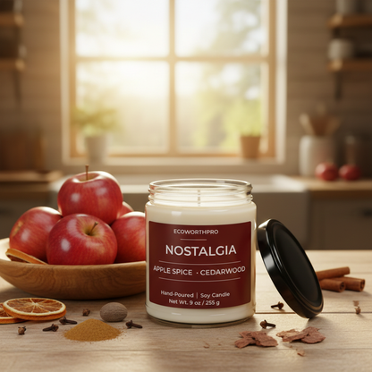 ECOWORTHPRO NOSTALGIA apple spice and cedarwood non-toxic candle glowing with apple orange nutmeg and clove ingredients