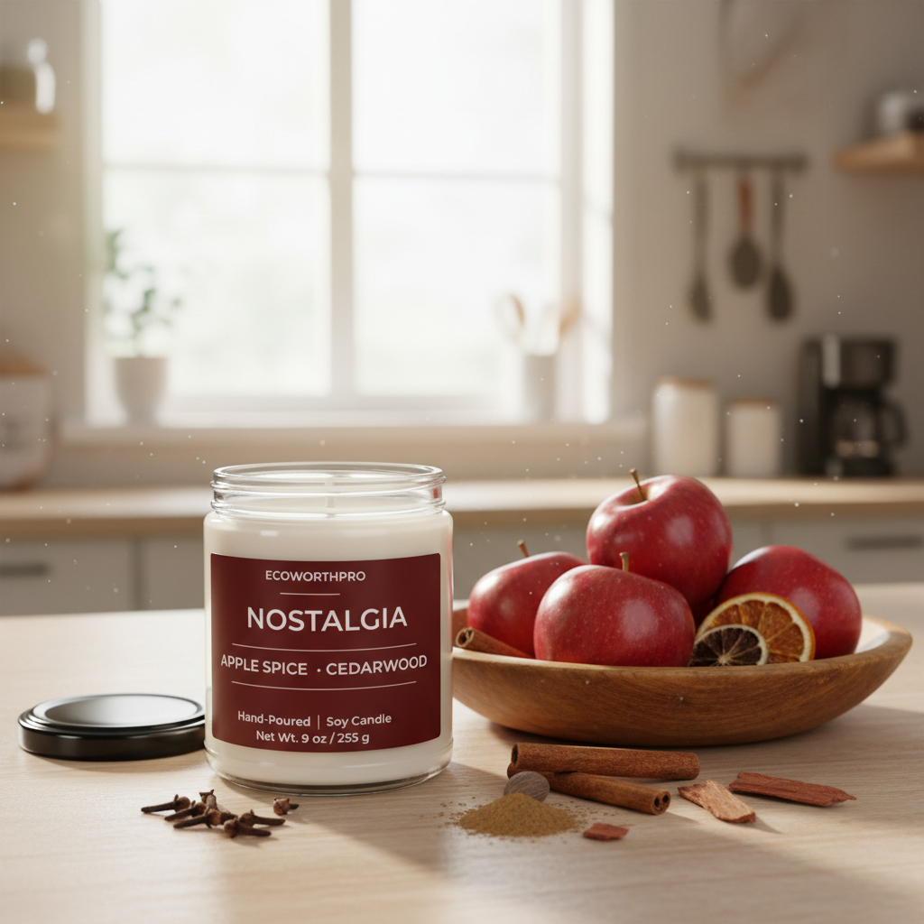 ECOWORTHPRO NOSTALGIA apple spice and cedarwood scented candle burning brightly with apples cinnamon and cedarwood accents