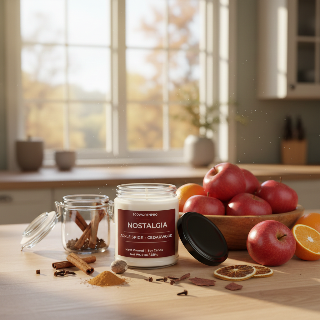 ECOWORTHPRO NOSTALGIA long-burning soy candle with apple spice fragrance surrounded by autumn spices on kitchen worktop