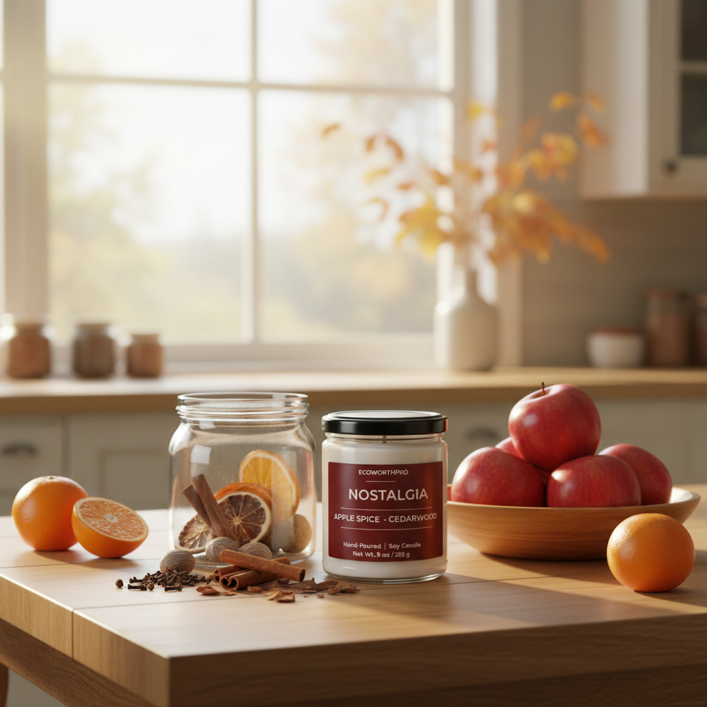 ECOWORTHPRO NOSTALGIA natural soy wax candle with apple orange cinnamon nutmeg and cedarwood ingredients on kitchen counter