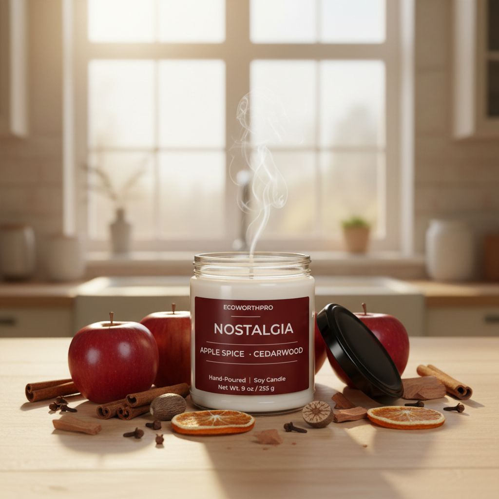 ECOWORTHPRO NOSTALGIA reusable glass jar soy candle with apple spice and cedarwood scent creating a cozy autumn atmosphere