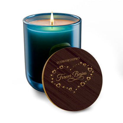 ECOWORTHPRO FOREVER BEGINS sea salt candle burning cleanly in a pacific blue glass jar large soy candle