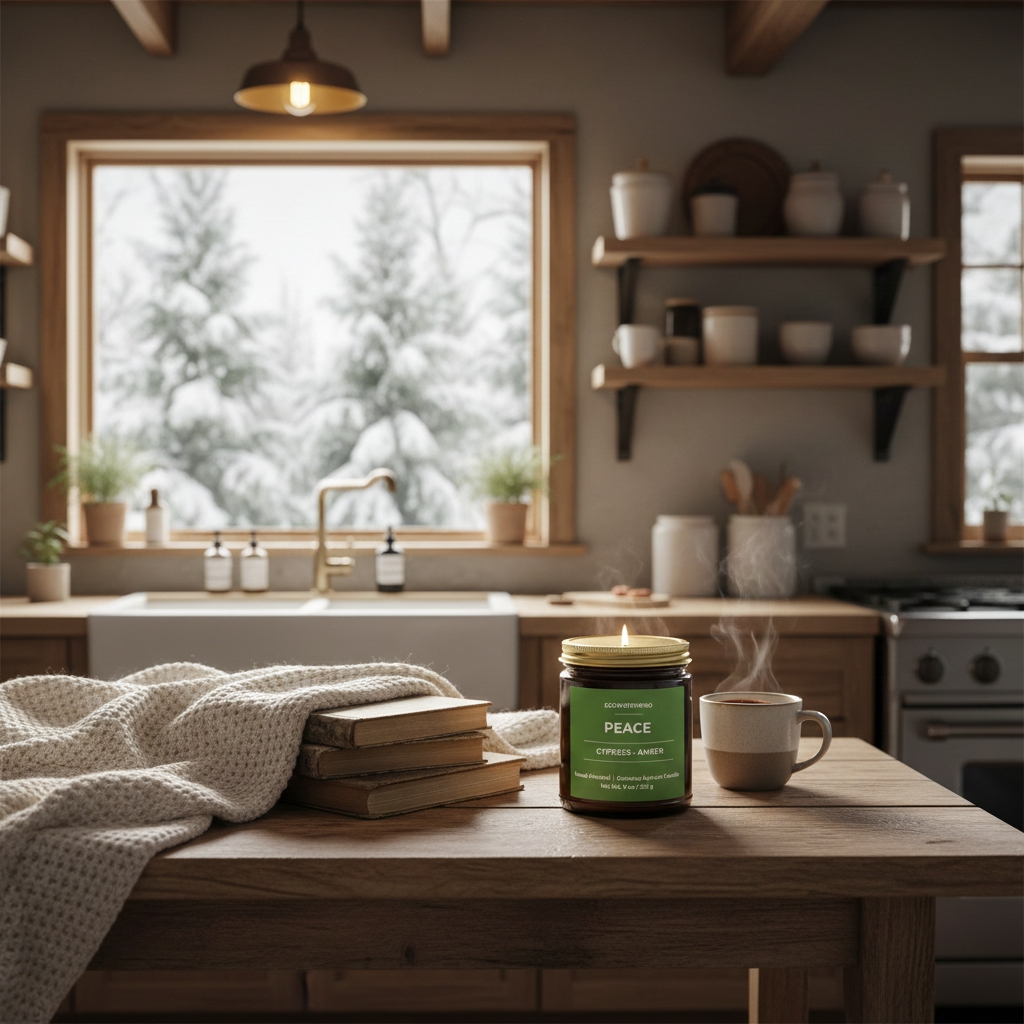 ECOWORTHPRO PEACE cypress and amber coconut apricot wax candle with blankets books and hot drinks on kitchen table